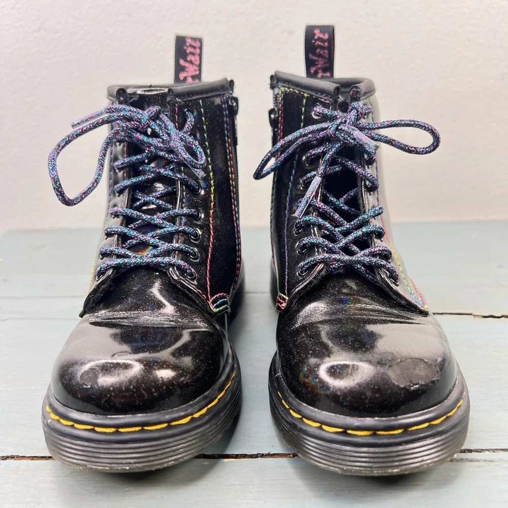Dr. Martens 1460 T Kids Black Cosmic Glitter Rainbow Boots Size 10 US 9 UK